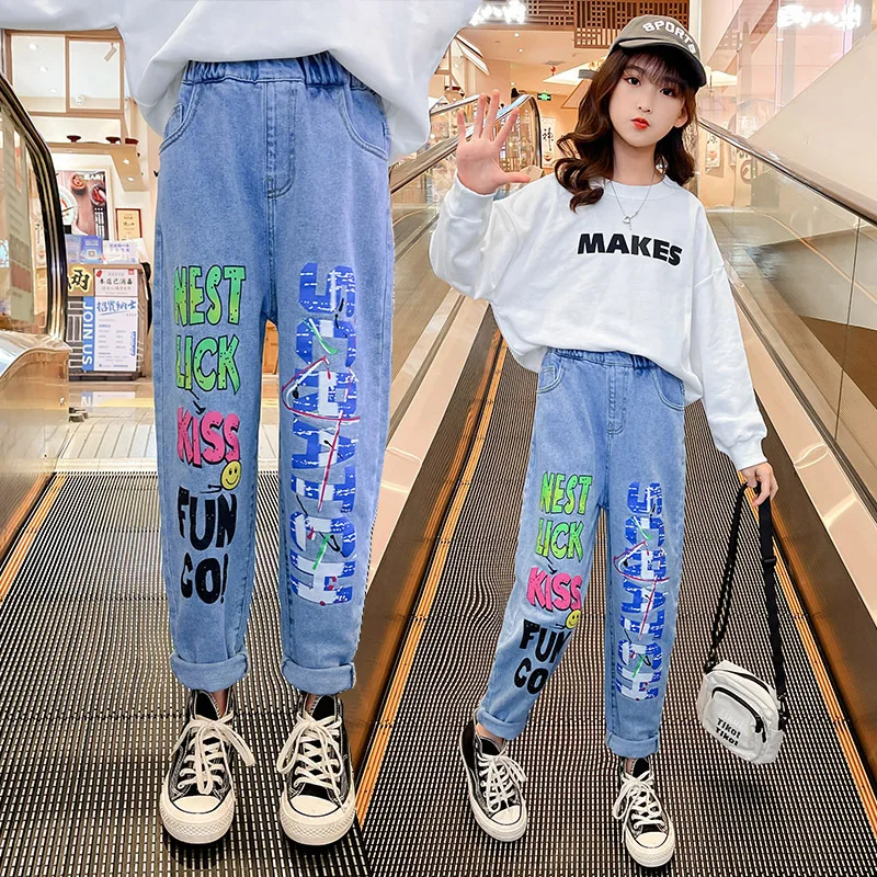 

Kids Girls Jeans Color printing Letter Casual Pants Denim trousers 2022 New Autumn Children Girl Clothes 8/10/11/12/13 Yrs Jeans