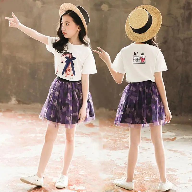 

Женский летний модный Повседневный пуловер с круглым вырезом и юбка из газовой ткани с цветочным рисунком, комплект одежды в уличном стиле из 2 предметов, 4-12 лет