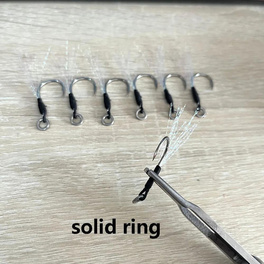 New 20pcs Solid Ring Assist Hook Metal Jig Hook Short/Long Black PE Line Feather Jigging Spoon Lure Hook Peche