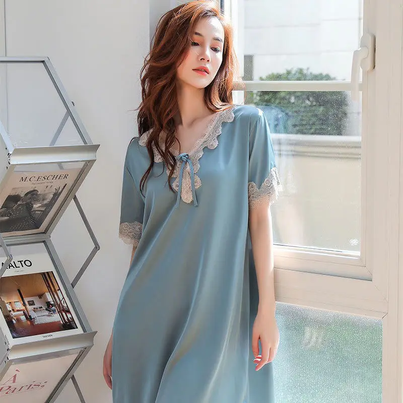 Female summer nightgown  style women's summer ice silk loose large silk pajamas with short sleeves pajamas