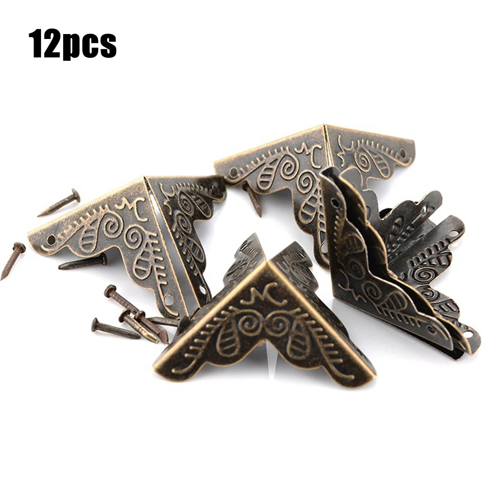 

12pcs Decorative Metal Jewelry Wine Gift Box Wooden Case Edge Corner Protector Triangle Rattan Carved Furniture Corners Brackets