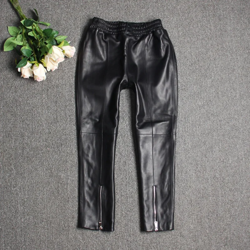 

Leather Harem Pants Real Women Elastic Waist Slim 100% Lambskin Genuine Leather Trousers Female Zippers Pencil Pants Streetwear