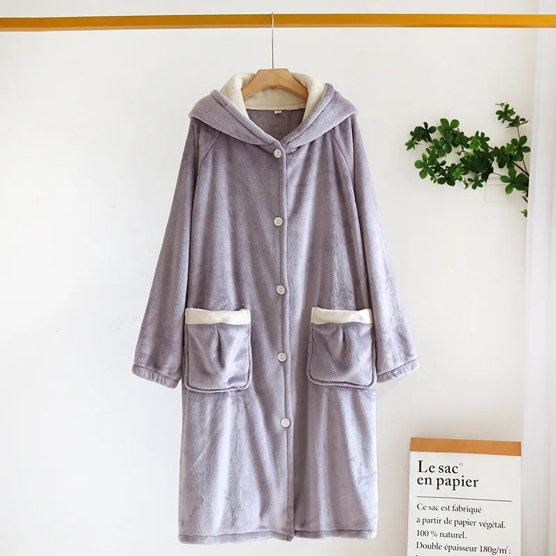 

Фланелевый Халат для женщин и мужчин, зимний теплый однобортный ночной халат с карманами и капюшоном, Мягкая Милая длинная Пижама