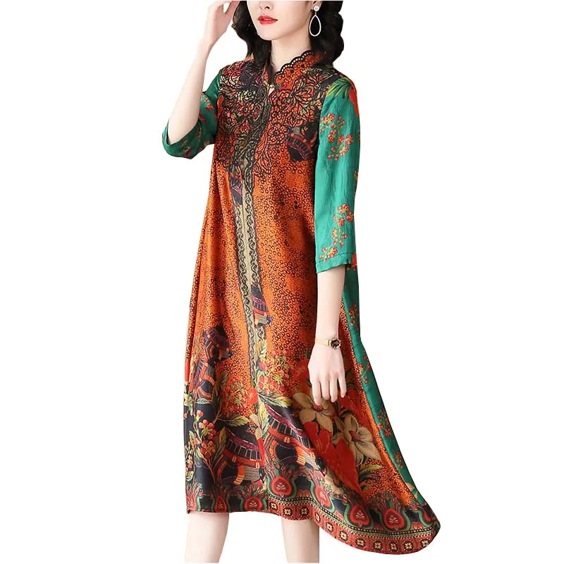 

Mommie Silk Chinese Style Women Dress 2022 Spring Summer New Fashion Pattern Short Sleeve Summer Dresses FC2083