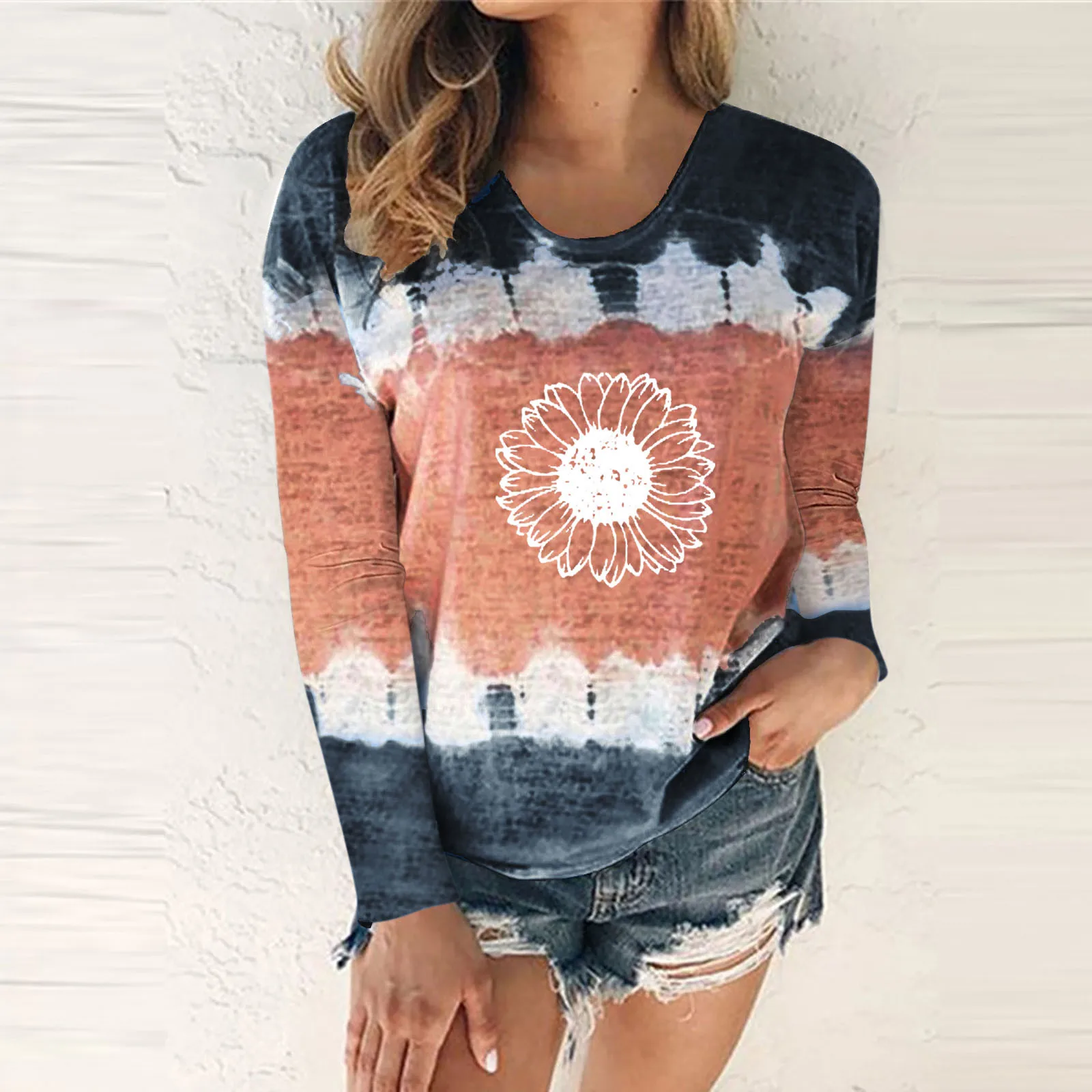 

Womens Casual Fashion Round Neck Tie Dye Printing Long Sleeve T Shirt Blouse Tops Purple Shirts for Women