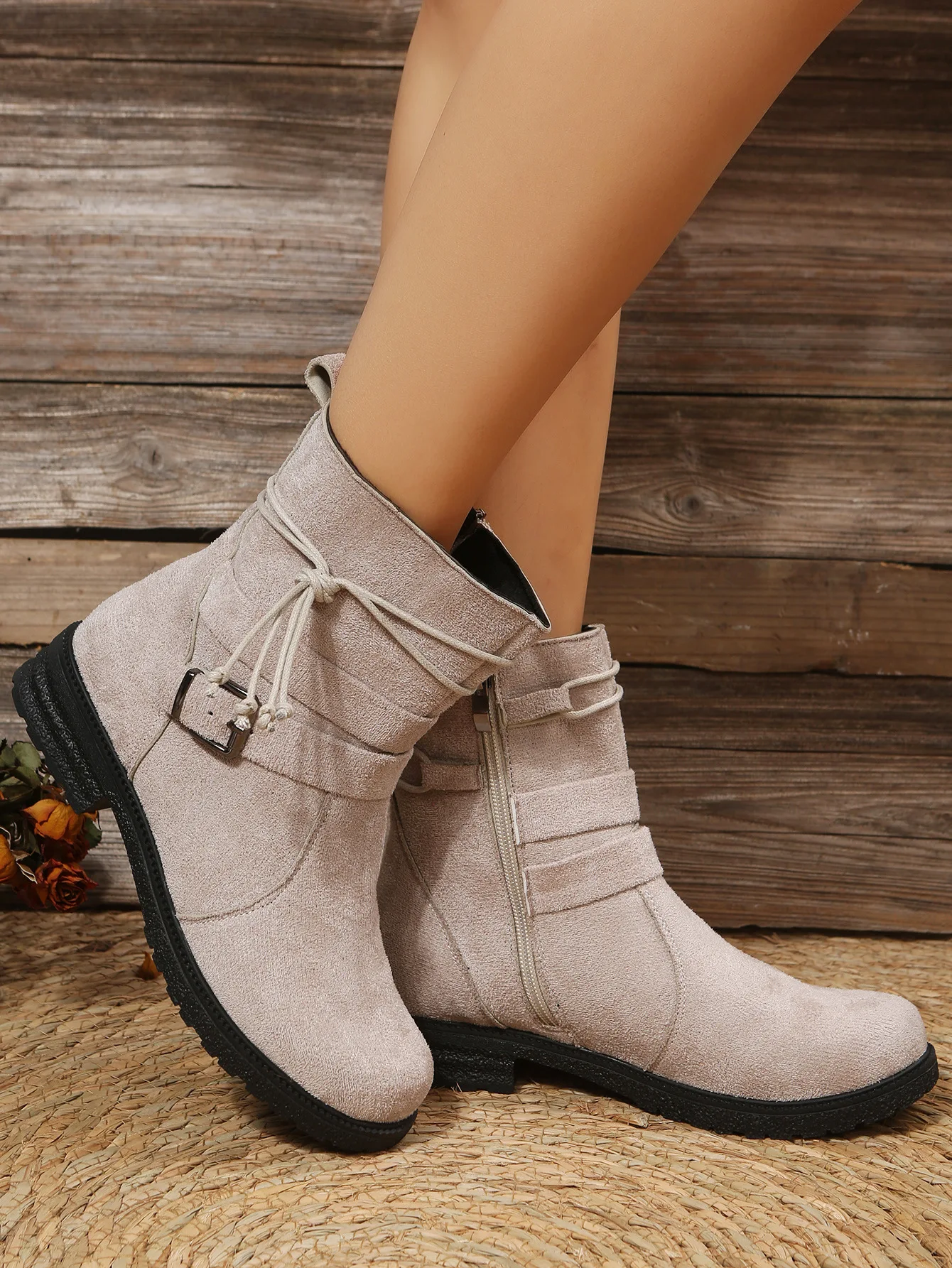 

Female Retro Ankle Boots with Pompoms And Zipper On The Side Buckle Decor Tie Low Chunky Heel Women Solid Faux Suede Shoes