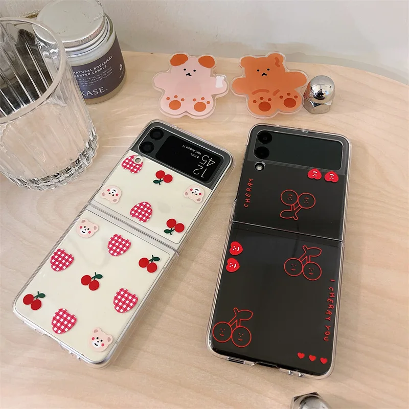 

New Cartoon Transparent Cherry Phone Case for Samsung Galaxy Z Flip 3 5G Hard PC Back Cover for ZFlip3 Case Protective Shell