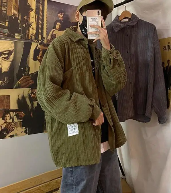 Retro Corduroy Shirt Men Loose Shirts Spring Autumn Student  Corduroy Outwear