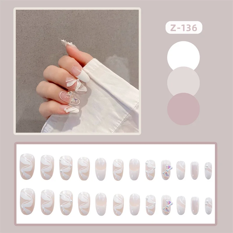 

24PCS French Ribbon Fake Nail Pieces Wearing Nail Stickers Finished Nail Pieces Nail Stickers