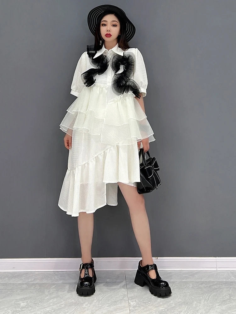 

SuperAen 2022 Summer New Fashion Casual Mesh Asymmetrical A Line Puff Sleeve Shirt Cake Women's Dress