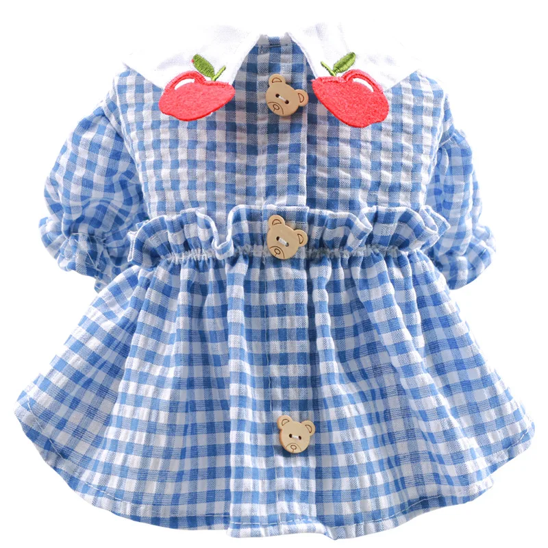 

NEW Summer Dog Dress Blue Plaid Apple Collar Bear Button Closure Princess Teddy Clothes for Dogs XS S M L XL