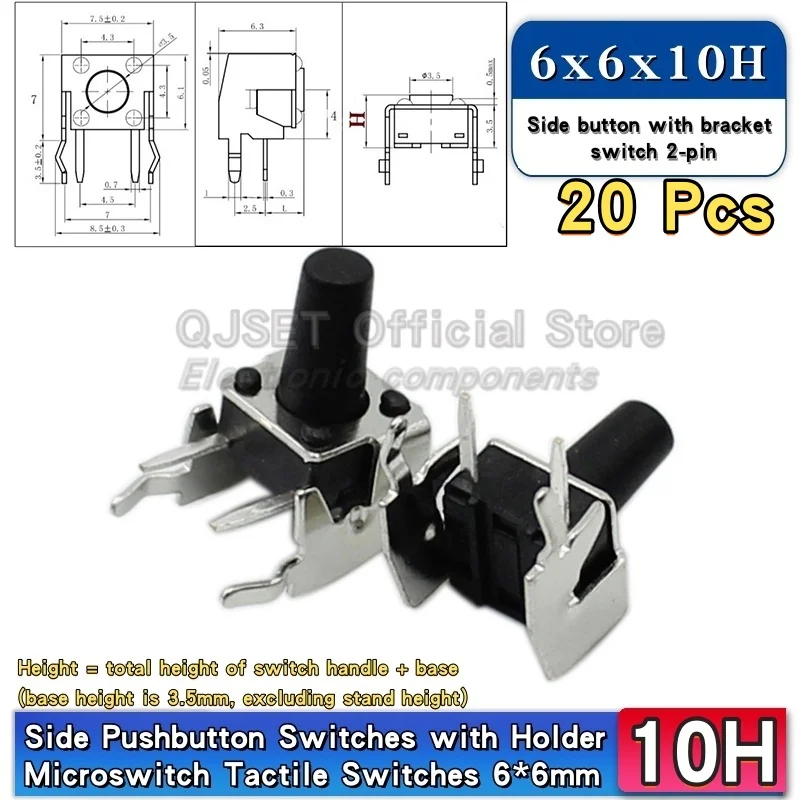20 шт. горизонтальный микропереключатель с кронштейном, боковой кнопочный переключатель 6x6x4,3 мм/5/6/7/8/9,5/10/11 мм, тактильный переключатель печатной платы, фиксированный 2/4 контакта