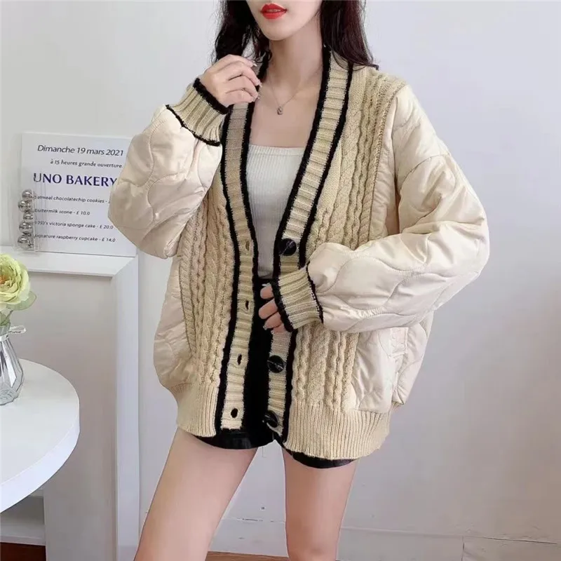 Autumn and Winter New Splicing Fashion Sweater Loose Lazy Style Thickened Knitting Cardigan Simple Jacket Winter Coat