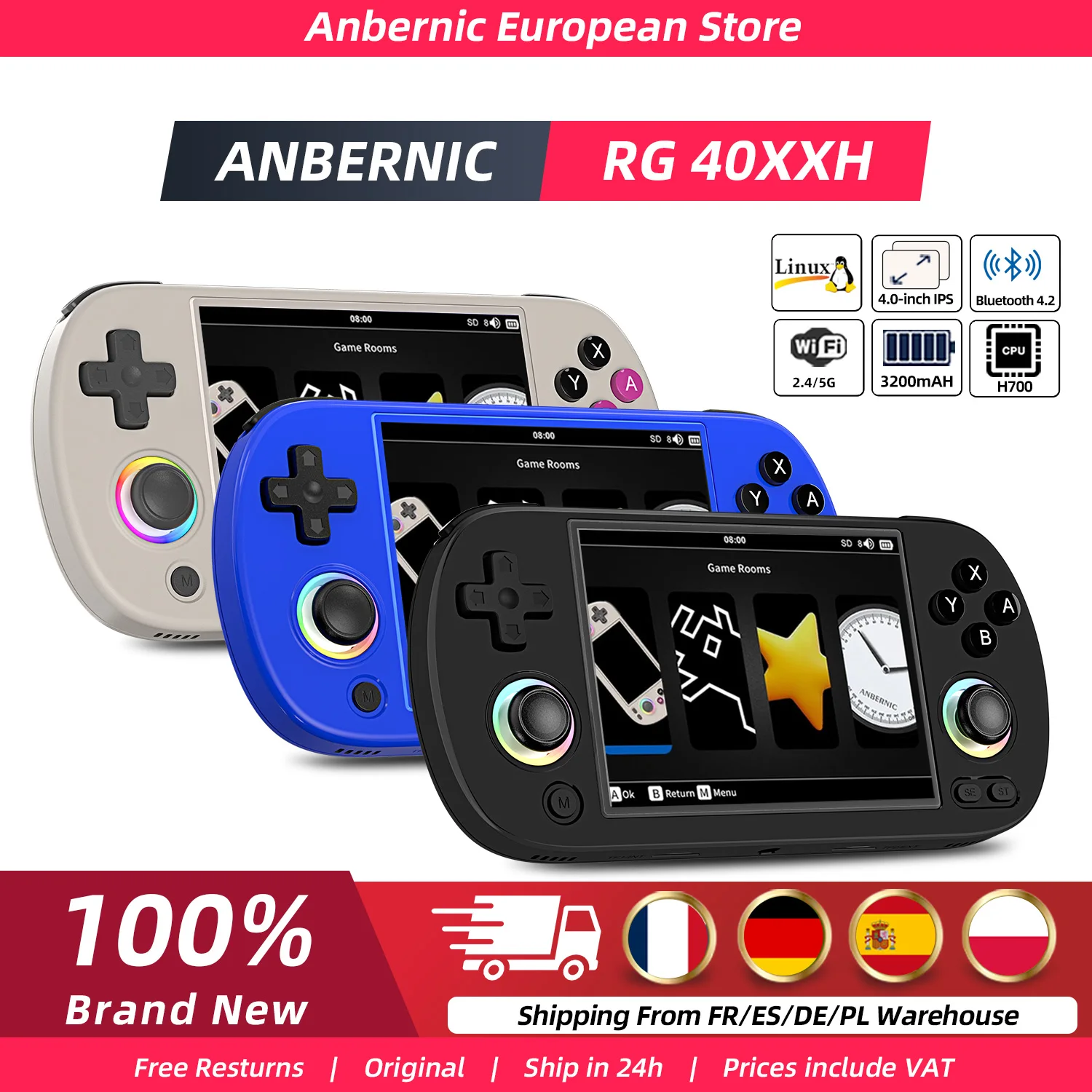 Anbernic RG40XX H 4.0” Handheld Game Console RG40XXH Retro Gaming Player 64G Preloaded 5000+ Games Portable Linux 64-bit System