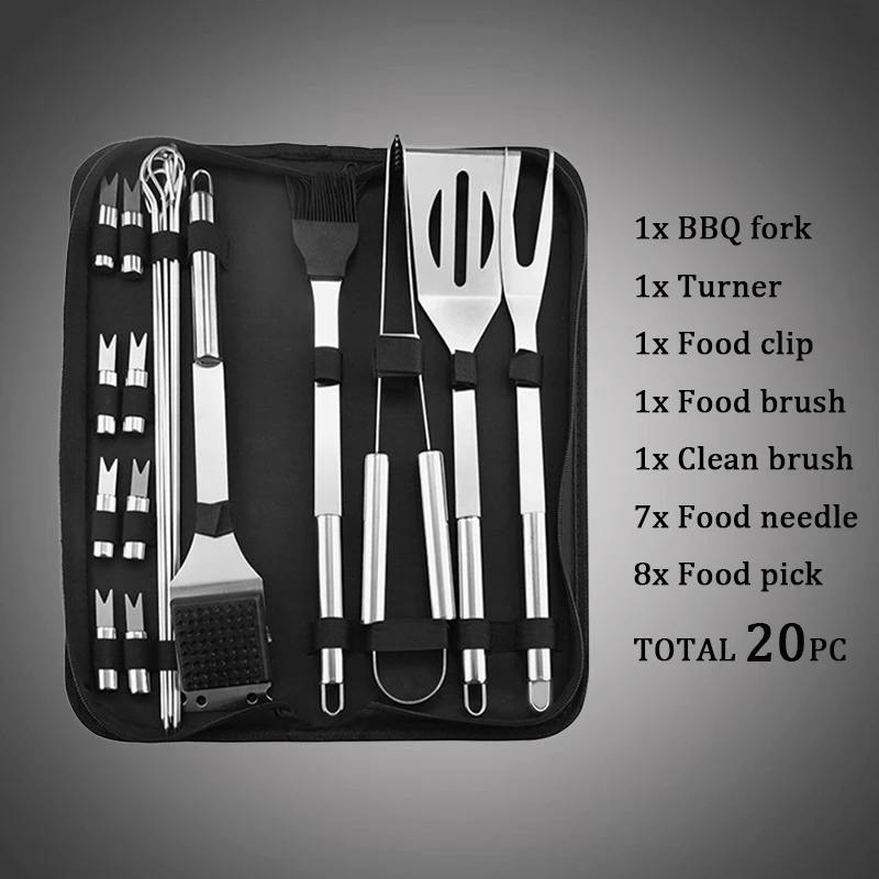 

20pc BBQ Tools Set Stainless Steel Fork Tongs Knife Skewers Barbecue Grilling Utensil Camping Outdoor Cooking Tool Set Portable