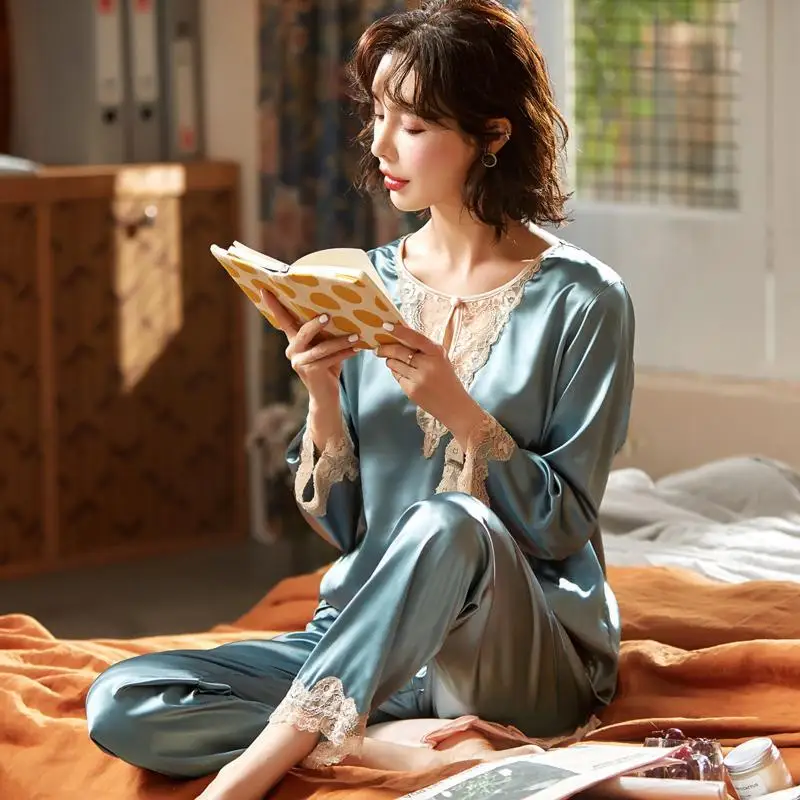 Новинка 2024 женская летняя пижама с длинным рукавом весна-осень кружевная для