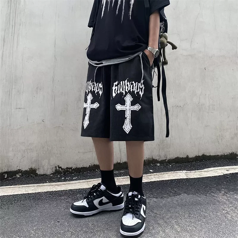 

National tide dark cross print casual shorts men's loose hiphop American street hip-hop style five-point pants y2k shorts men