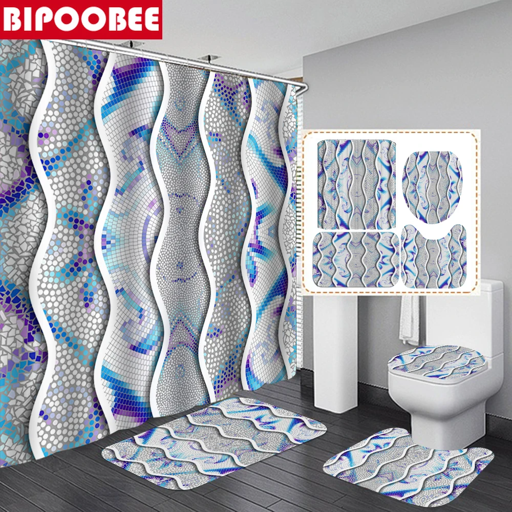

Bohemian Wave Shower Curtains Waterproof Soft Fabric Bathroom Set 3d Bath Curtain Anti-skid Rug Toilet Lid Cover Mat Home Decor