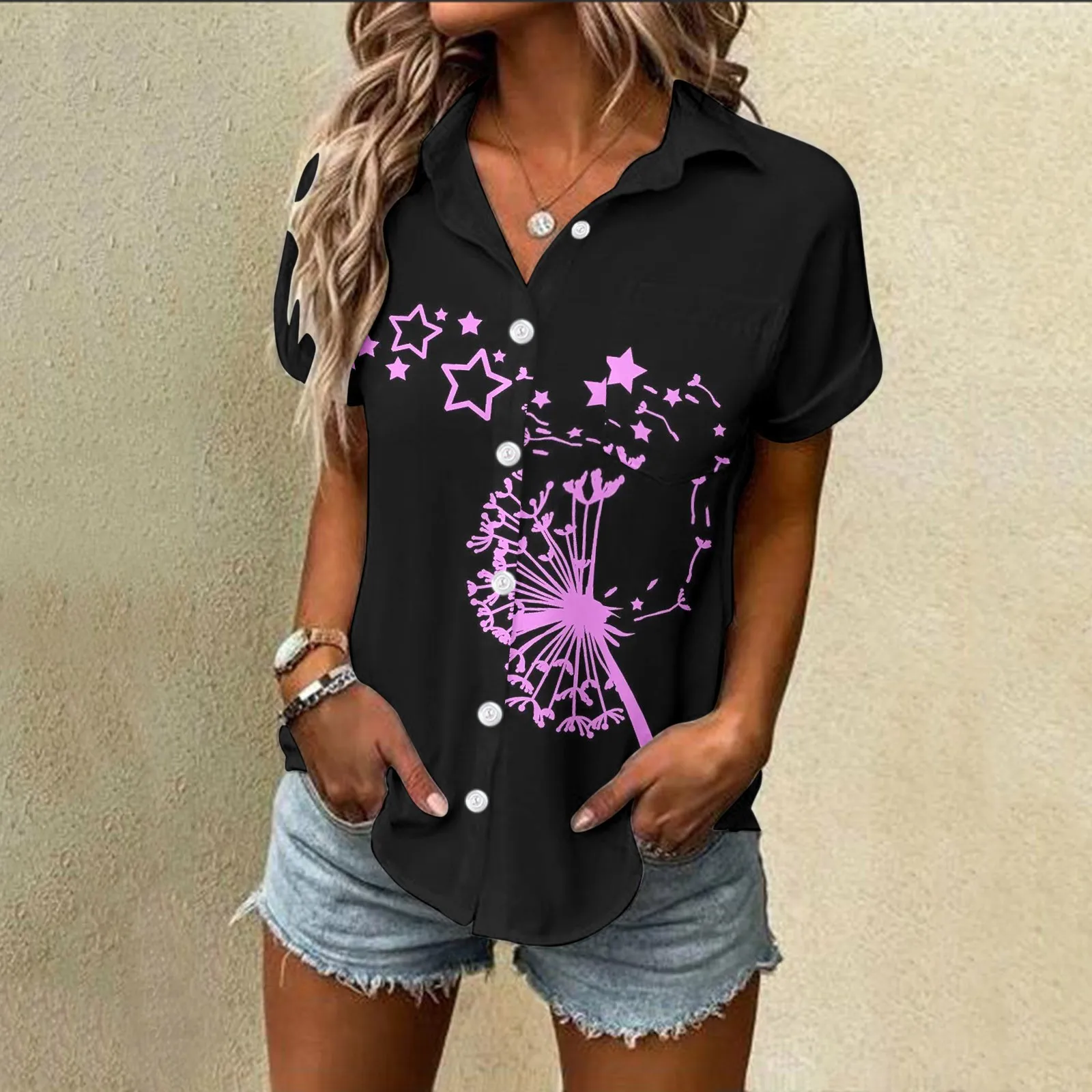 

Женская рубашка с коротким рукавом, V-образным вырезом и цветочным принтом