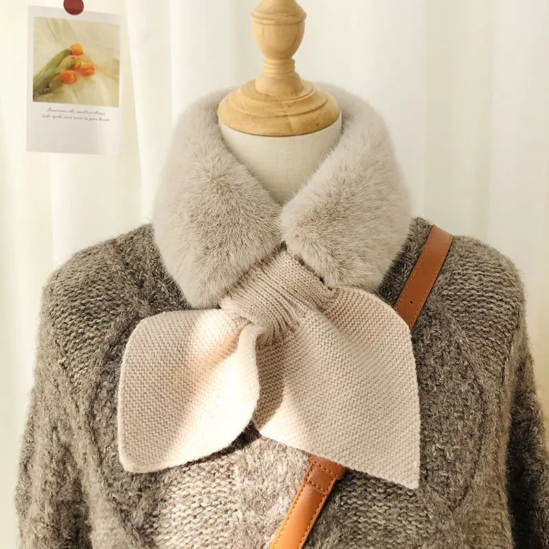 

Women Girls Winter Warm Soft Fluffy Faux Fur Collar Solid Colour Small Neckerchief Portable Narrow Triangle Knitted Scarf