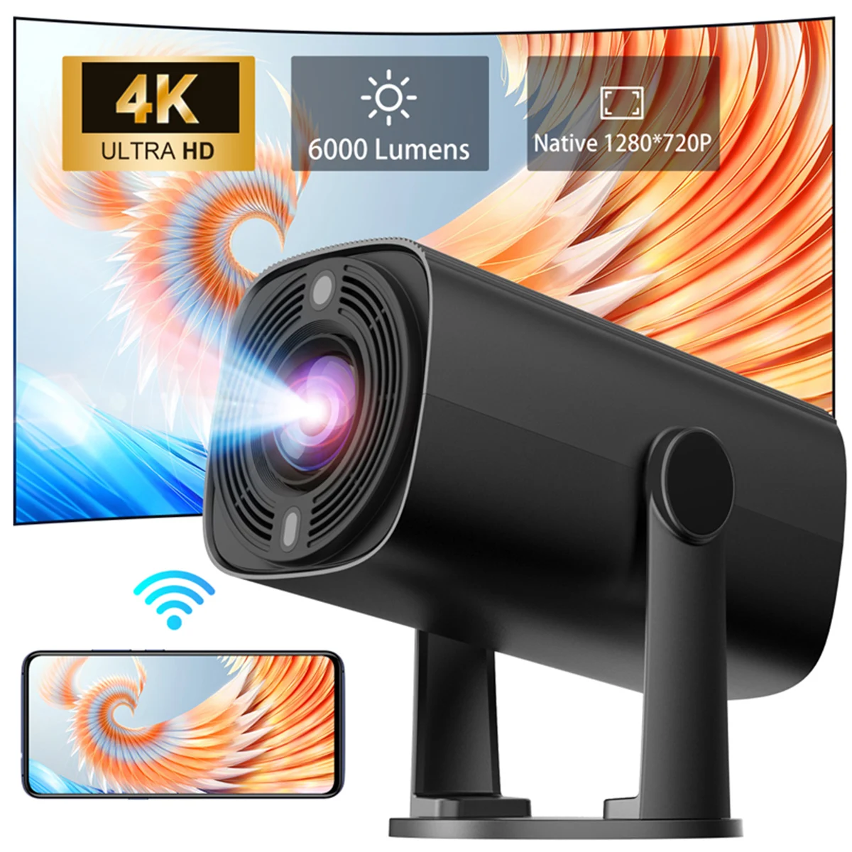Фото Профессиональный мини-проектор 4k Hd 1280p Wi-Fi Led Smart TV (штекер США) №1