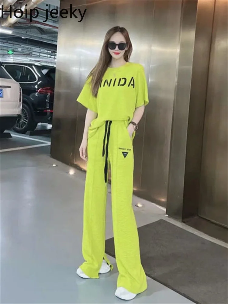 

Hoip Jeeky Casual Sports Suit Women 2022 Summer New Sportswear Leisure Short High Waist Wide-Leg Pant Two-Piece Fitness Exercise