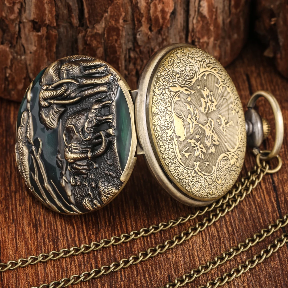 

Antique Bronze Arabic Number Pocket Watch Quartz Watch Elephant Group Pendant Chain Clock Necklace Fashion Souvenir Unisex Gift