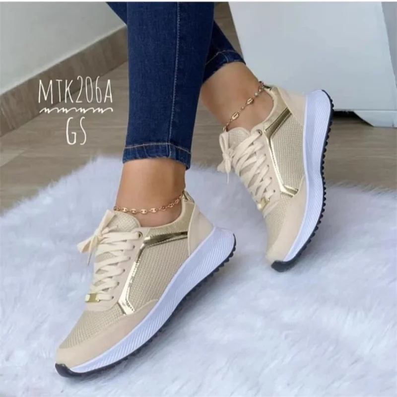 

Women's Sneakers Flat Mesh Lace Up Fashion Breathable Metal Rivet Vulcanized Shoes 2022 Fall Trend Air Cushion Comfort Sneakers