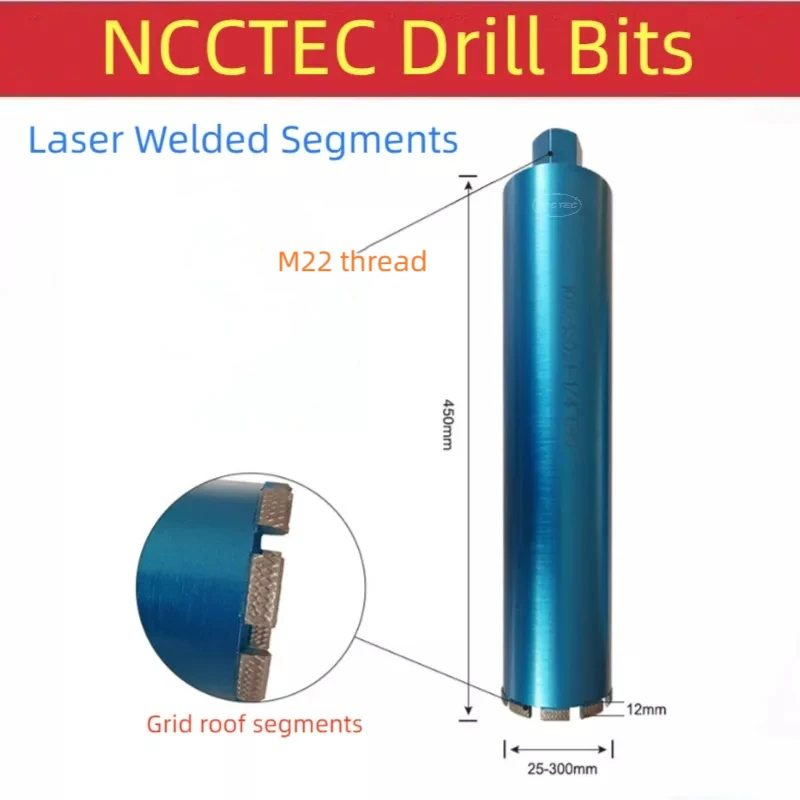 M22 Thread 12mm Grid Roof Segments 25-230x450mm Laser Welded Crown Diamond Core Drill Bits 1''- 9''x18'' Reinforced Concrete