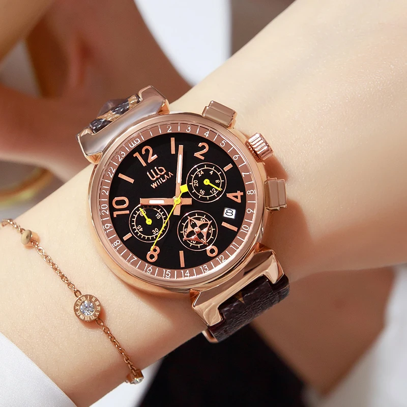 WIILAA Watch Women Fashion Vintage Old Flower Leather Belt Six Pin Watches Chronograph Waterproof Quartz Wristwatch Clocks enlarge