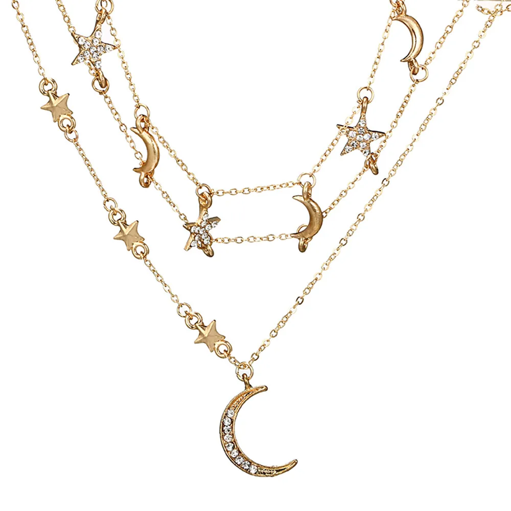 

Multilayer Star Moon Pentagram Chain Diamond Geometric Necklace Clavicle Other
