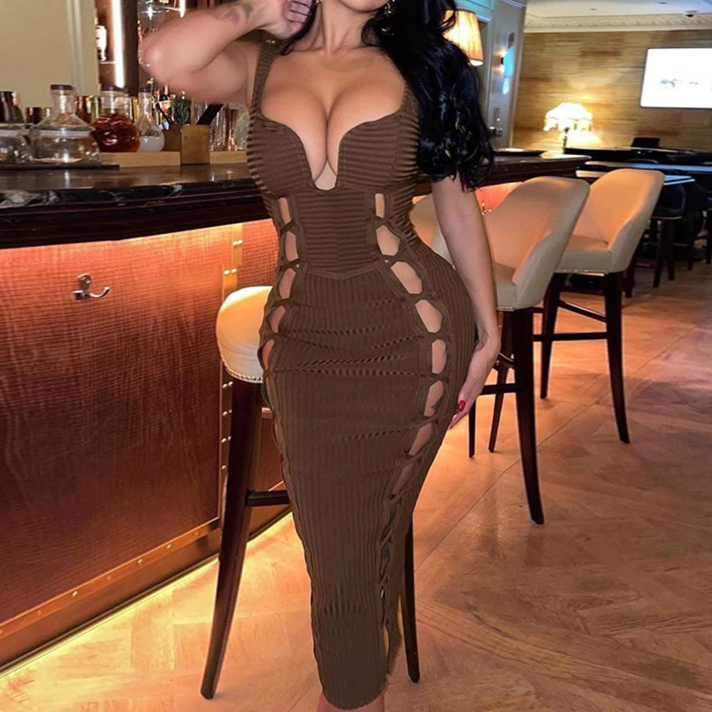 

Однотонное платье-макси с V-образным вырезом, соблазнительное женское Прозрачное платье с вырезами, женская уличная одежда, модные платья, одежда, новинка