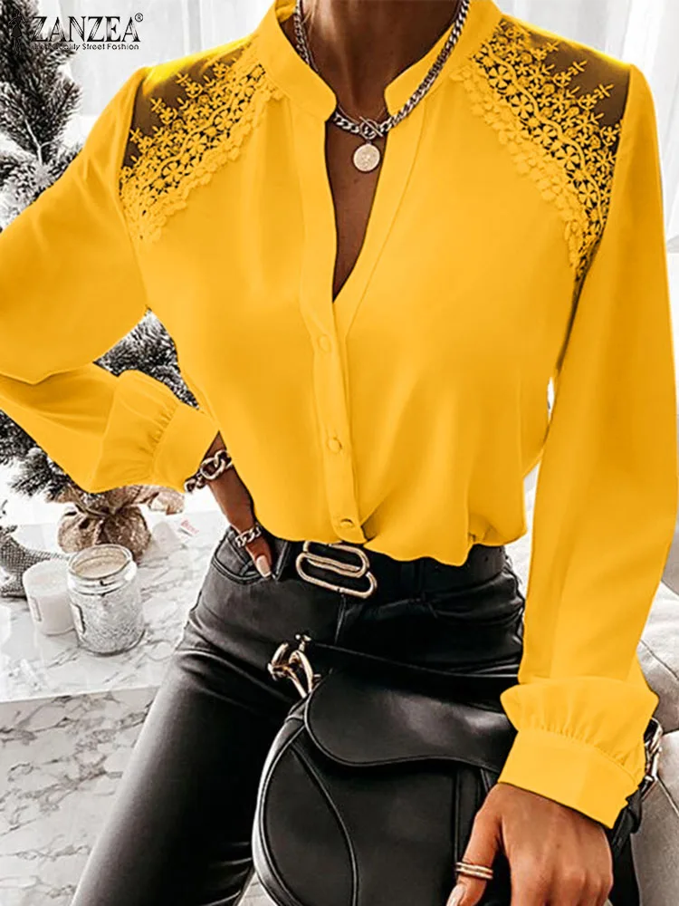 

ZANZEA Long Sleeve Button Up Blusas Office Commuting White Shirts Fashion See-through Tops Splicing Lace Women Elegant Blouse