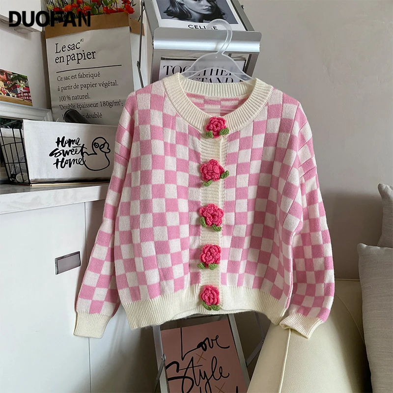 DUOFAN Retro Three-dimensional Flowers Sweet Knitted Cardigan Women Sweater Autumn Pink Checkerboard All-match Female Top Coat