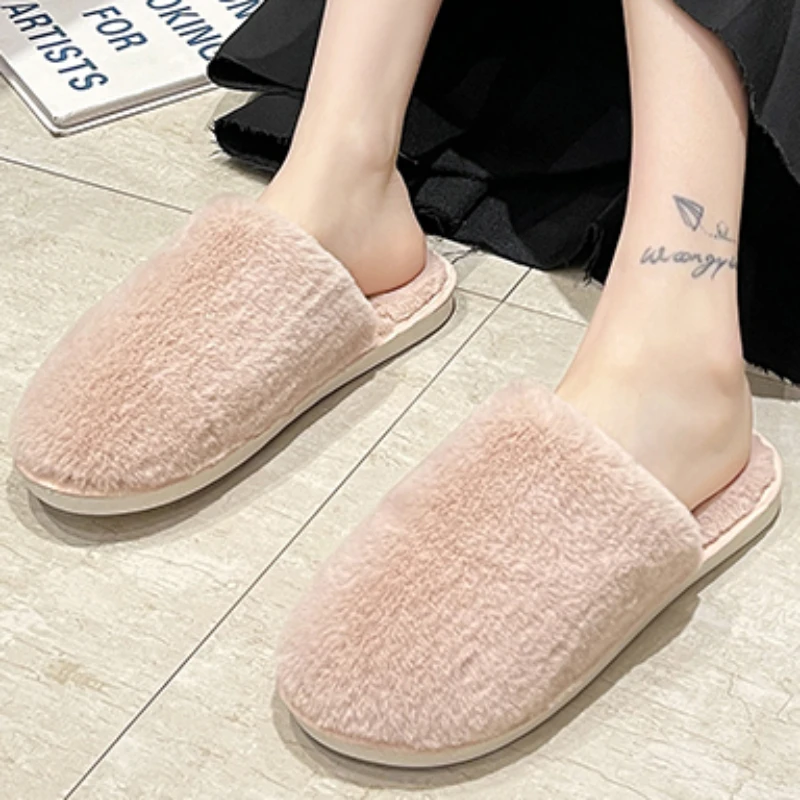 

Women's Shoes 2023 High Quality Winter Warm Concise Slippers Solid Color Closed Toe Flock Low-heeled Casual Zapatillas De Mujer