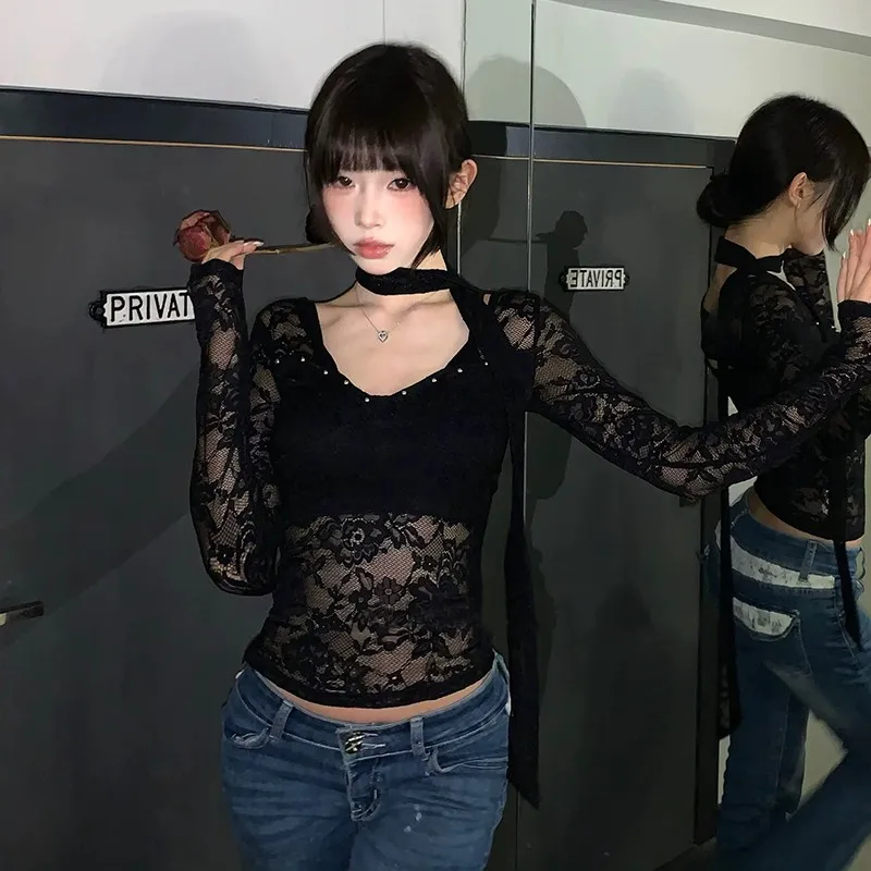 Genayooa Harajuku Кружевная футболка Женские укороченные топы на шнуровке Y2k Винтажные