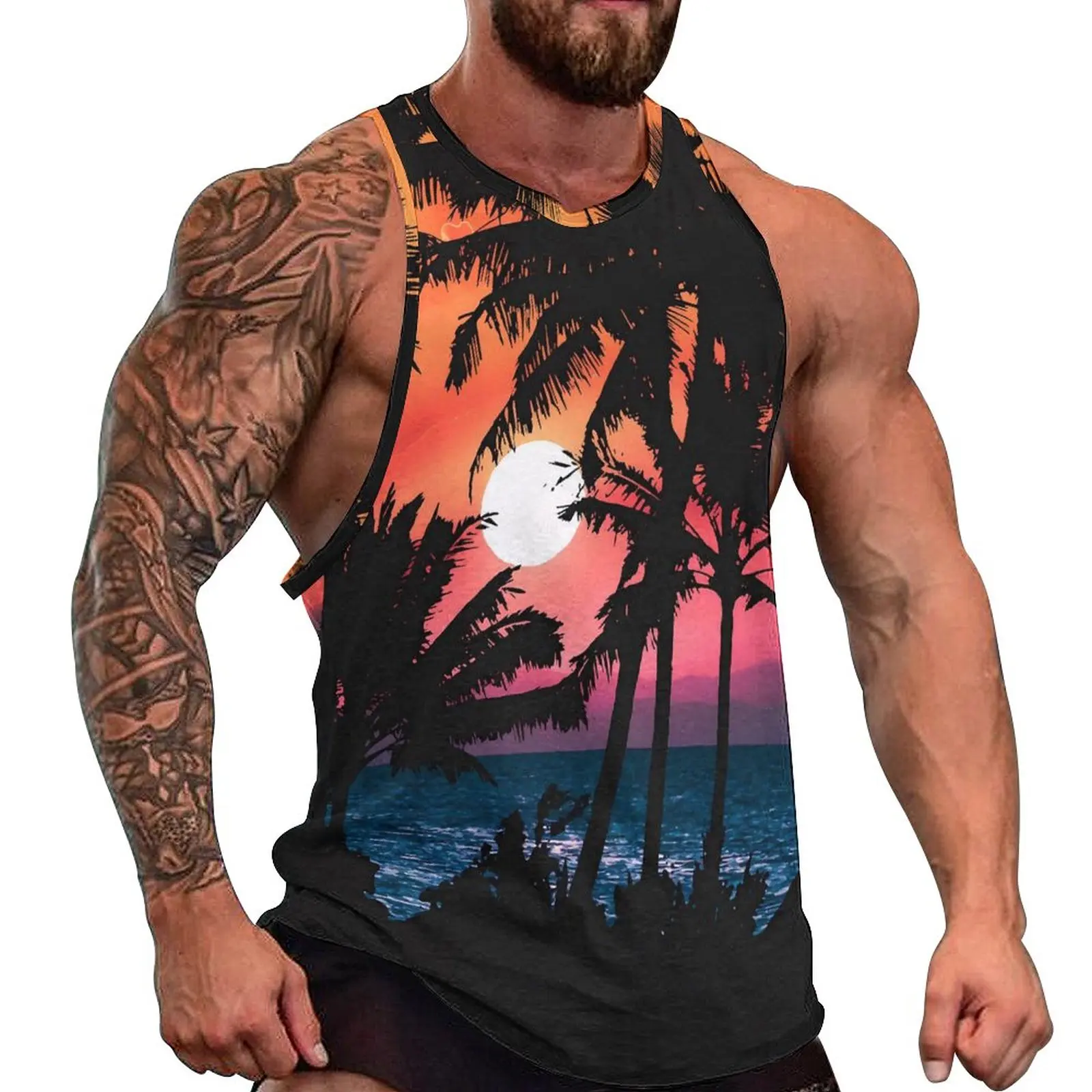 

Summer Palm Trees Tank Top Males Tropical Sunset Tops Summer Design Workout Streetwear Oversized Sleeveless Vests