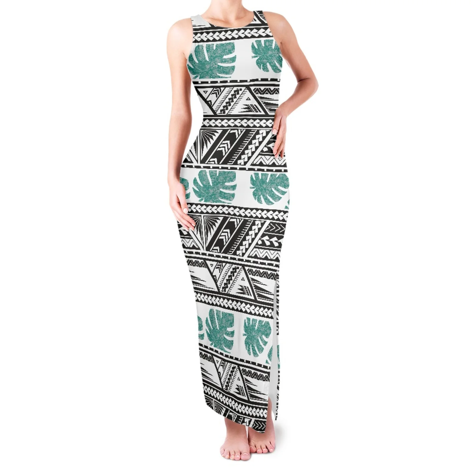 

Polynesian Tribal Tongan Tropical Palm Leaf Print Sleeveless Fashion Vintage Round Neck Floor Length Dress Women Sexy Clothing