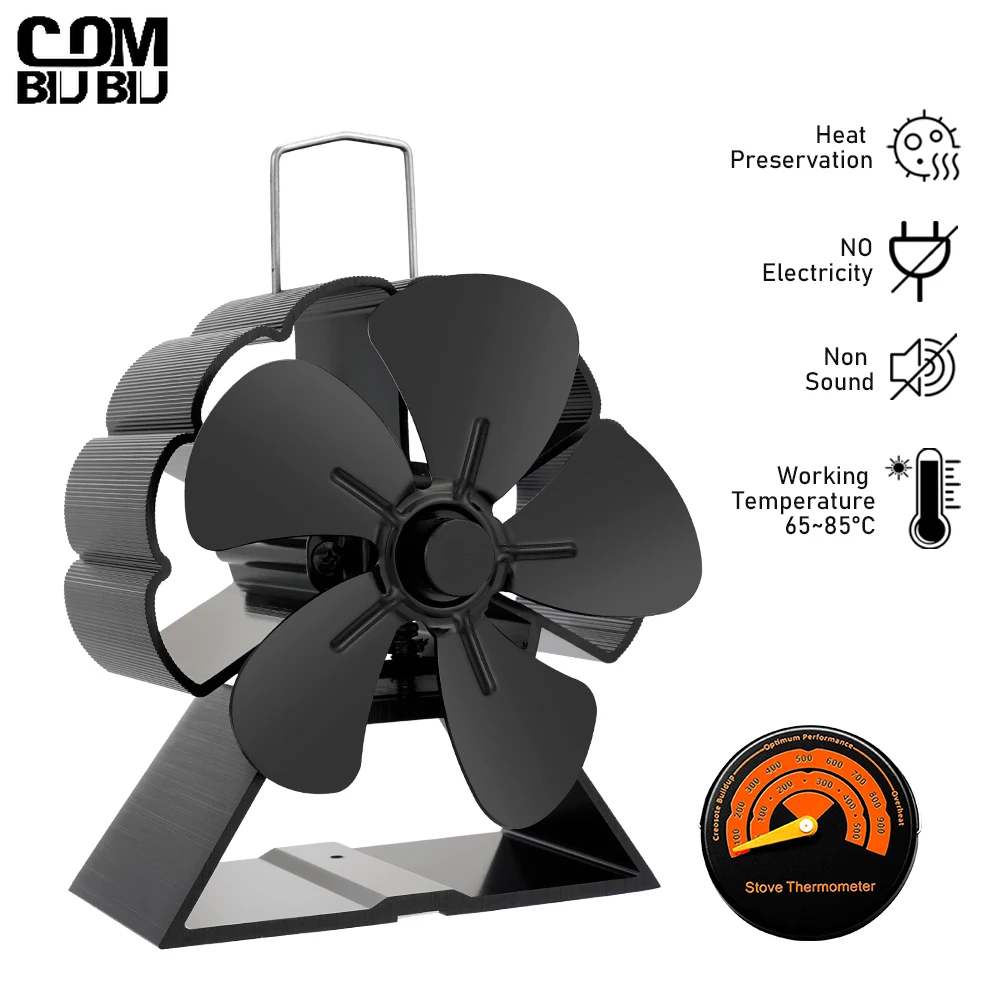 Price Mini 5 bıçaklı siyah şömine ısıyla çalışan soba fanı odun brülörü eko Fan sessiz ev şömine fanı verimli ısı dağılımı