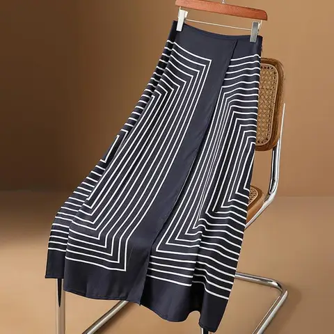 Summer New Casual Fashion Light Luxury Design Women Skirt High End Hepburn Style Black White Striped High Waist Long Midi Skirt