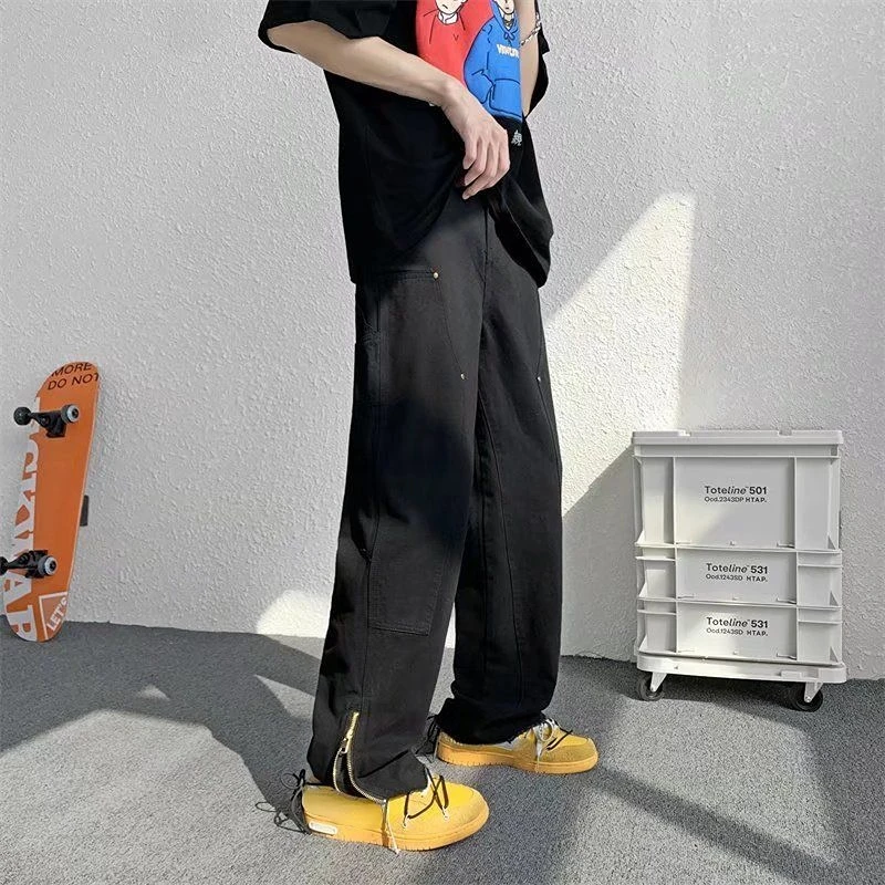 Hong Kong Style Ins Zipper Cargo Jeans High Street Retro Men's and Women's Spring Loose Straight Drooping Casual Wide-Leg Pants