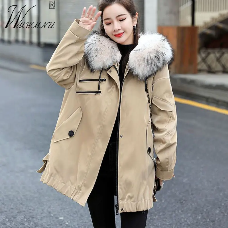 

Модные парки с искусственным меховым воротником и подкладкой, корейские зимние куртки цвета хаки с капюшоном, женская зимняя одежда с длинным рукавом, свободные пальто, теплая одежда