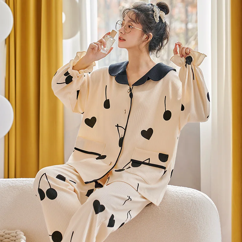 Large Size Sleepwear New Spring Autumn Women's Long-Sleeved Trousers Set Cotton Cardigan Pajamas Students Cute Home Clothes 3XL