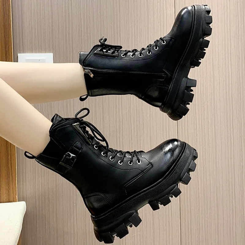 Round toe square heel cross lace women's boots for fall/winter 2022 new fashion platform side zipper women's casual ankle boots