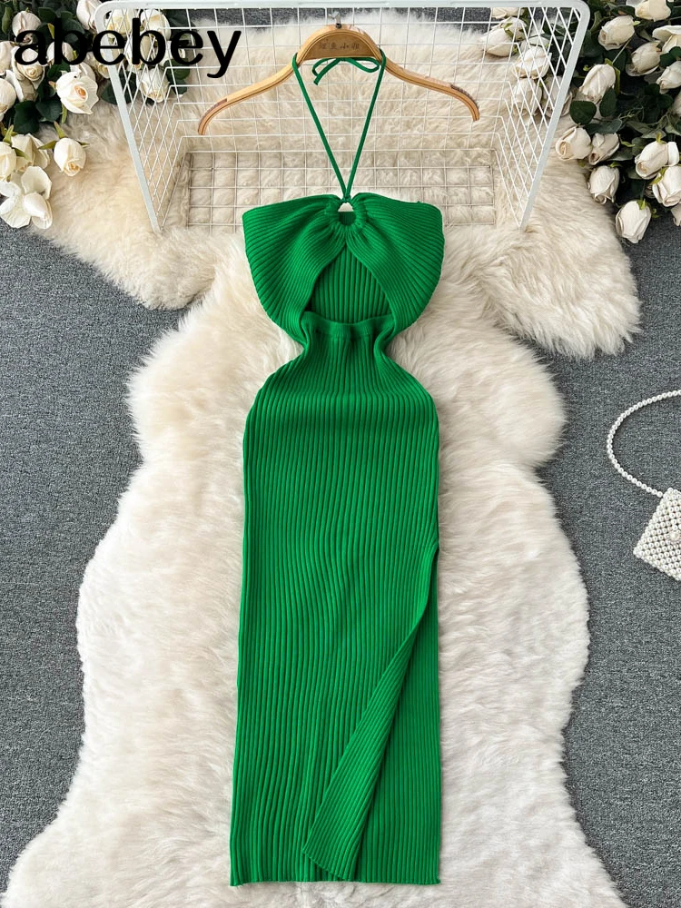 

Green New Halter Sleeveless Knitted Bodycon Dress Women Summer Elegant Stretchy Midi Dress Vintage Solid Dress