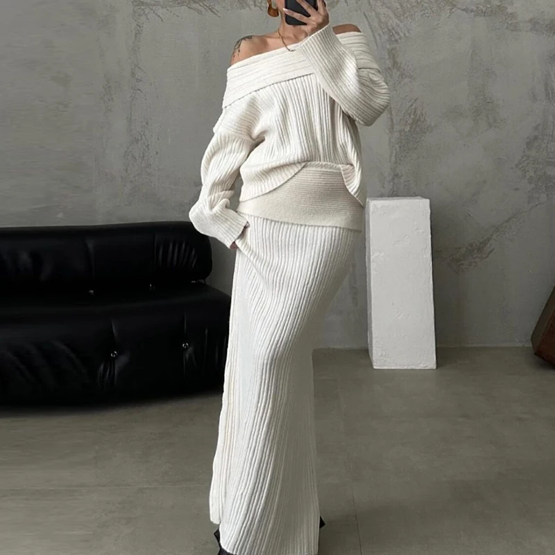 Fashion Slim Winter Outfit Chic Women Long Sleeve One Shoulder Jumpers&ampLong Skirts Sets Elegant Solid 2Pcs Party Knitted Suit