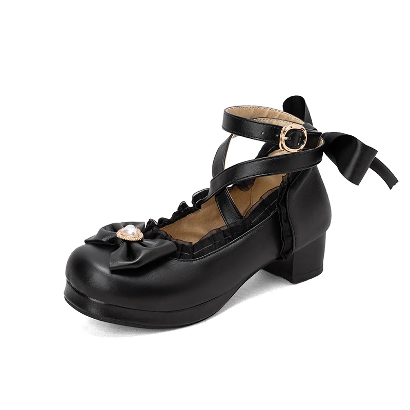 2023 new Spring women pumps  plus size 22-26.5cm Pearl mesh bow ankle buckle Lolita shoes cute mary jane shoes platform shoes