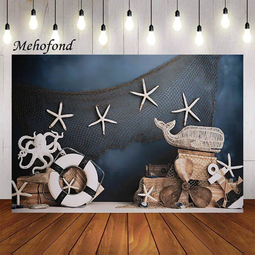 

Mehofond Photography Background Navy Blue Wall Nautical Fishing Net Starfish Boy Birthday Party Decoration Backdrop Photo Studio