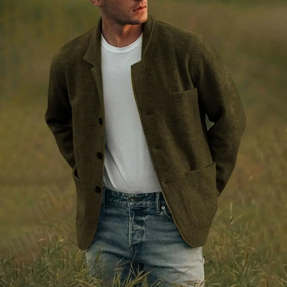 

Men Autumn Winter Solid Color Woolen Coat Lapel Long Sleeve Multi Pockets Single Breasted Warm Jacket Coat Streetwear