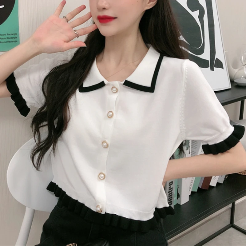 

Pullover Short Knitted Button Up New Pure Color Shows Thin Versatile Short Sleeved Sweater Women's Cardigan Knitt Women Top 35A